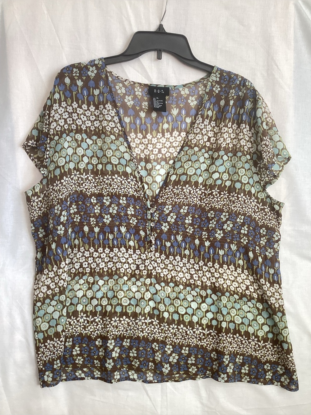 R.Q.T. Brown Floral Sheer V-Neck Blouse with Blue and Cream Accents